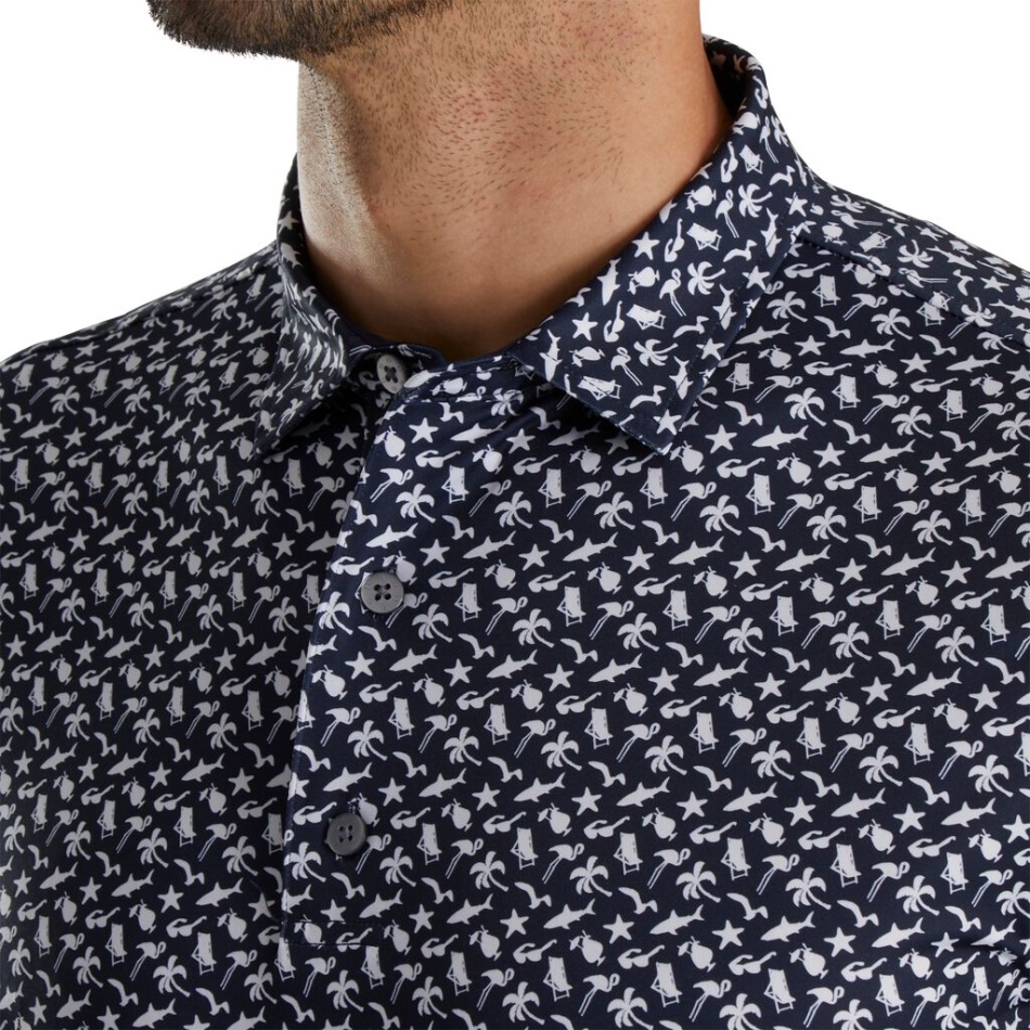 Ajuste Atlético Branco Marinho Com Estampa De Praia Lisle Colarinho Próprio Footjoy Pt