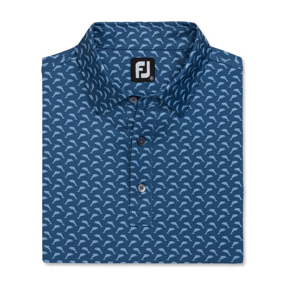 Ajuste Atlético Lisle Saltando Golfinhos Estampado Colarinho Footjoy Pt Tinta Azul Crepúsculo