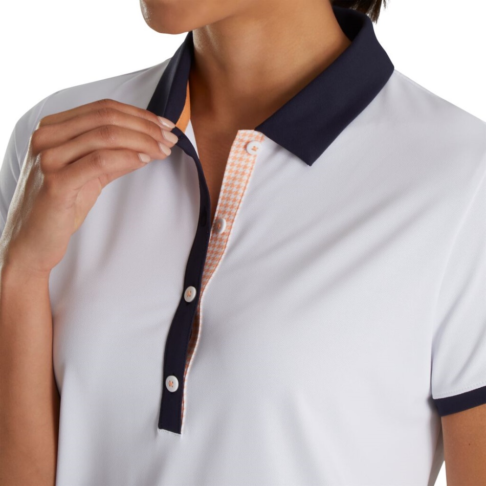 Camisa Feminina Com Acabamento Estampado Houndstooth Branco-marinho Footjoy Pt
