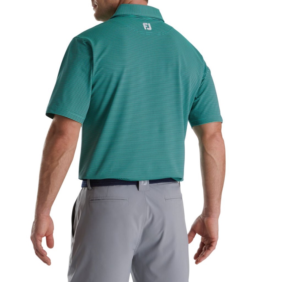 Footjoy Pt Verde Marinho Listras Mix Piquê Stretch Colarinho Próprio