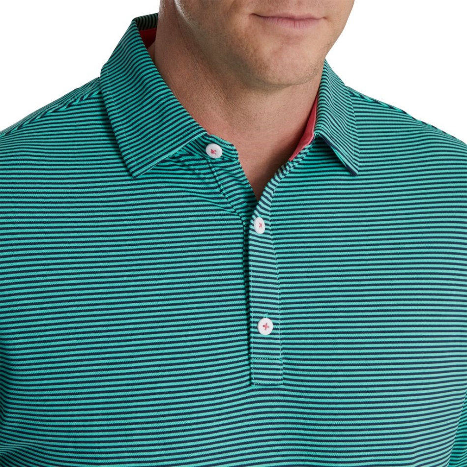 Footjoy Pt Verde Marinho Listras Mix Piquê Stretch Colarinho Próprio