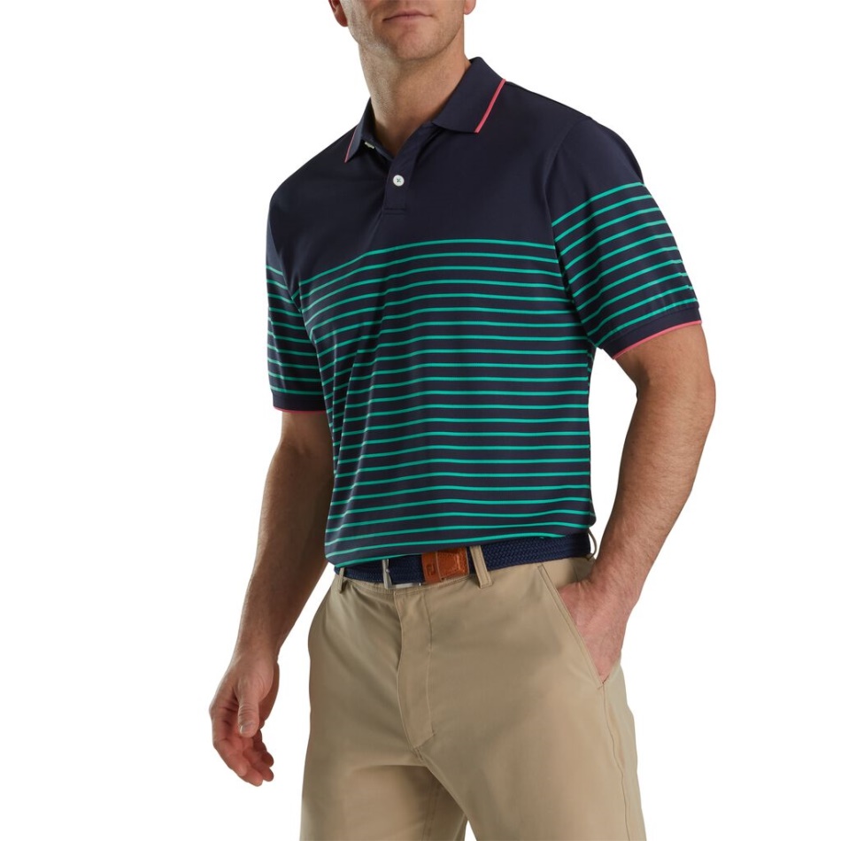 Verde Marinho Footjoy Pt Listras Breton Gola Malha Piquê Stretch