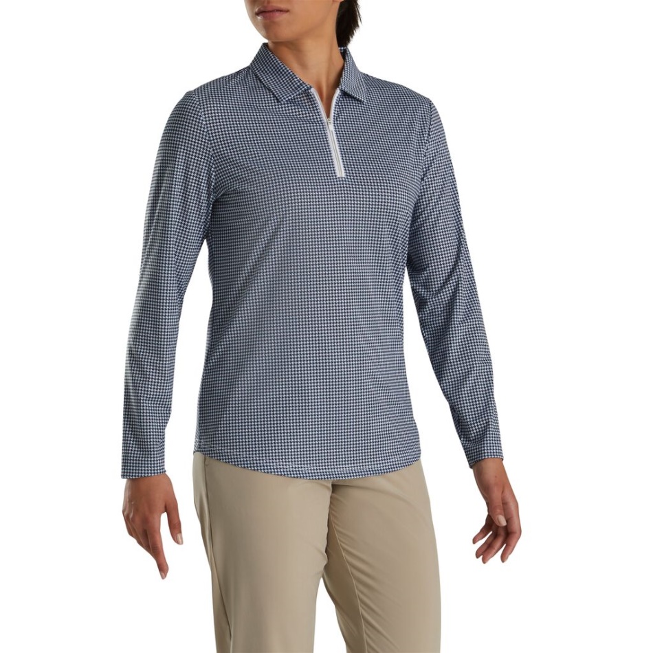 Camisa De Proteção Solar Footjoy Pt Azul Marinho Estampado Houndstooth Feminino
