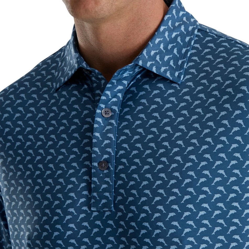 Ajuste Atlético Lisle Saltando Golfinhos Estampado Colarinho Footjoy Pt Tinta Azul Crepúsculo